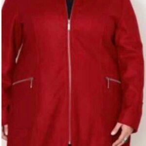 WOOL COAT, FRONT ZIP, RICH RED, SIZE 4X, ZIP POCKETS, PRINCESS SEAMS, FULLY LINE